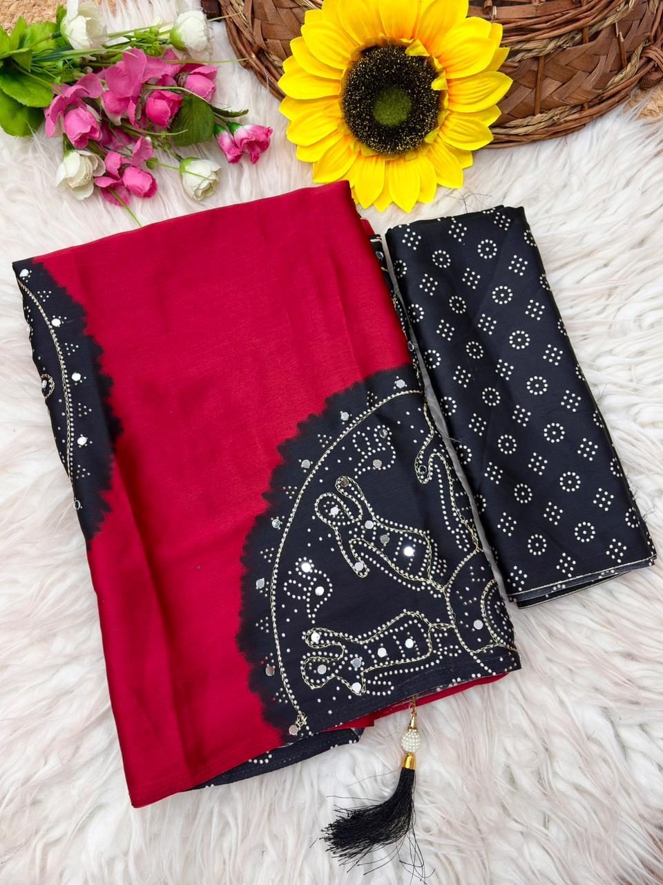 Bandhani Inspired Satin Silk Saree with Ari & Mirror Work