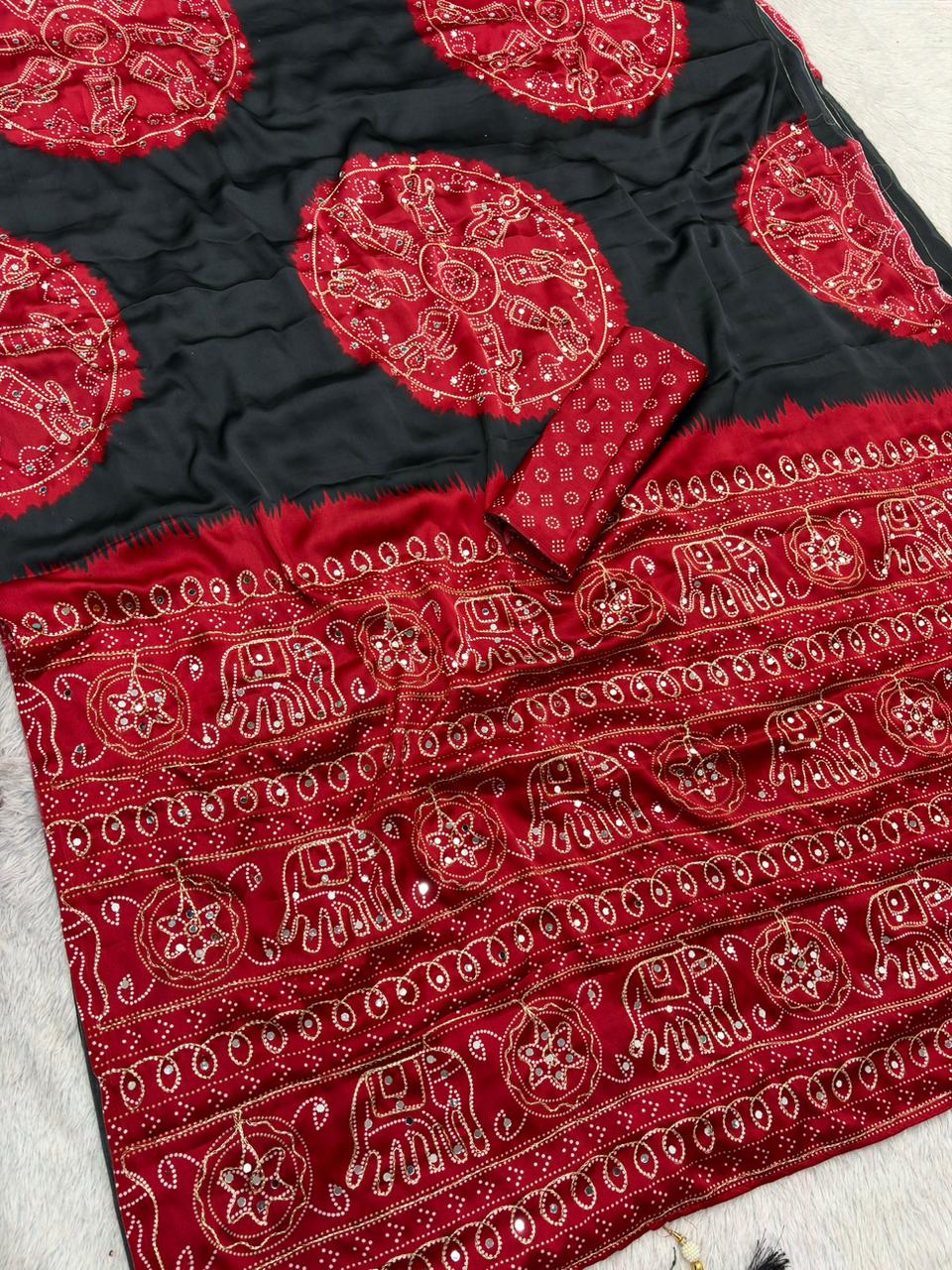 Bandhani Inspired Satin Silk Saree with Ari & Mirror Work