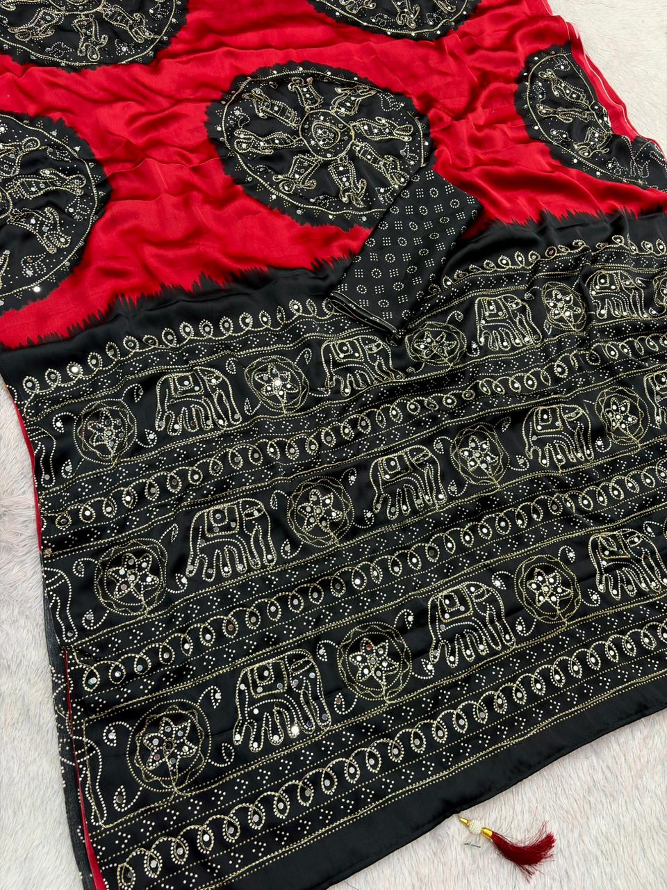 Bandhani Inspired Satin Silk Saree with Ari & Mirror Work