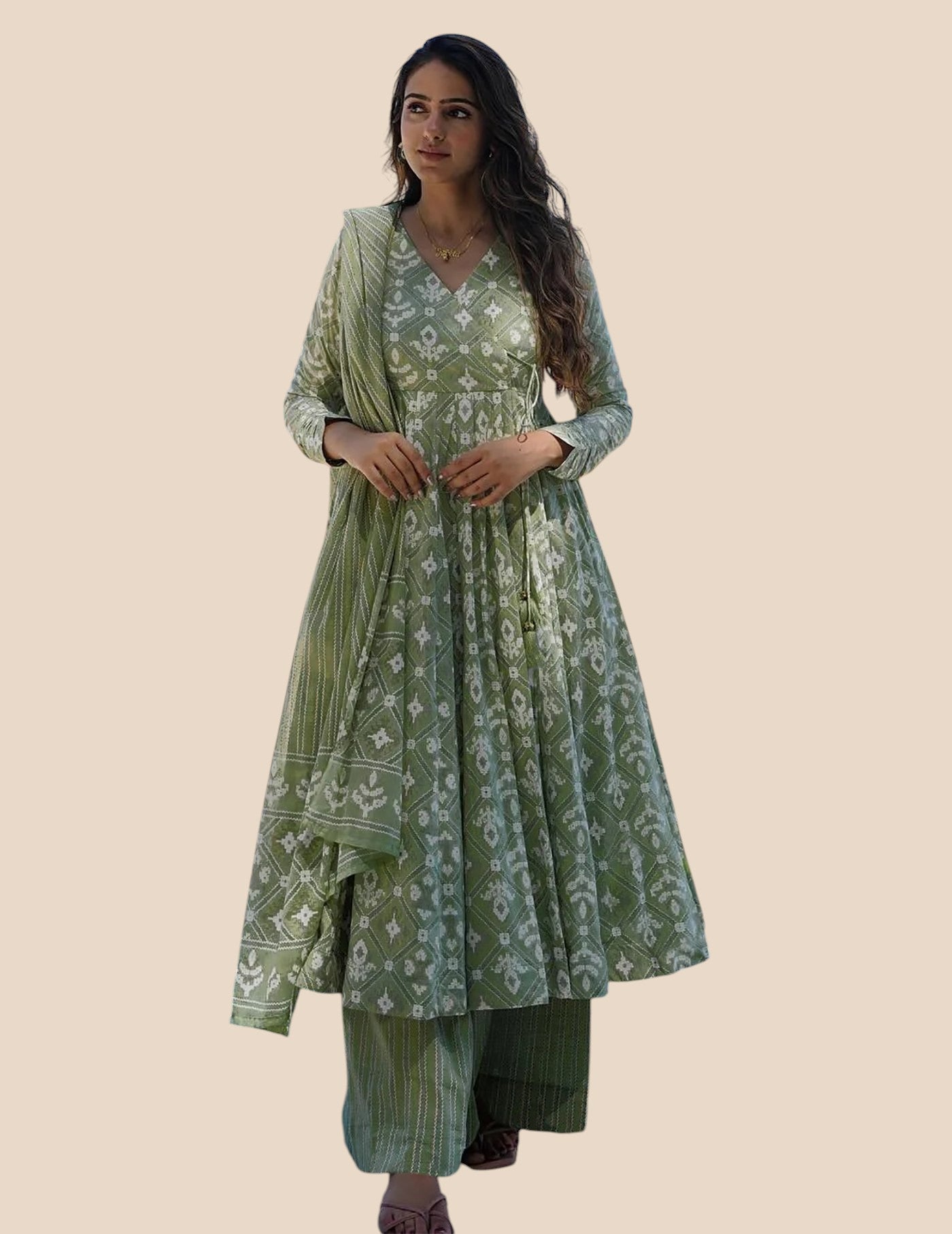 Green Rayon Slub Printed Anarkali Kurta Set with Dupatta