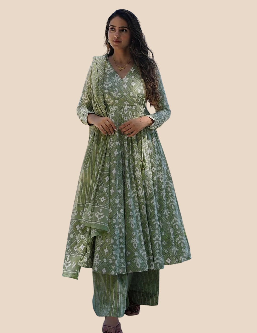 Green Rayon Slub Printed Anarkali Kurta Set with Dupatta