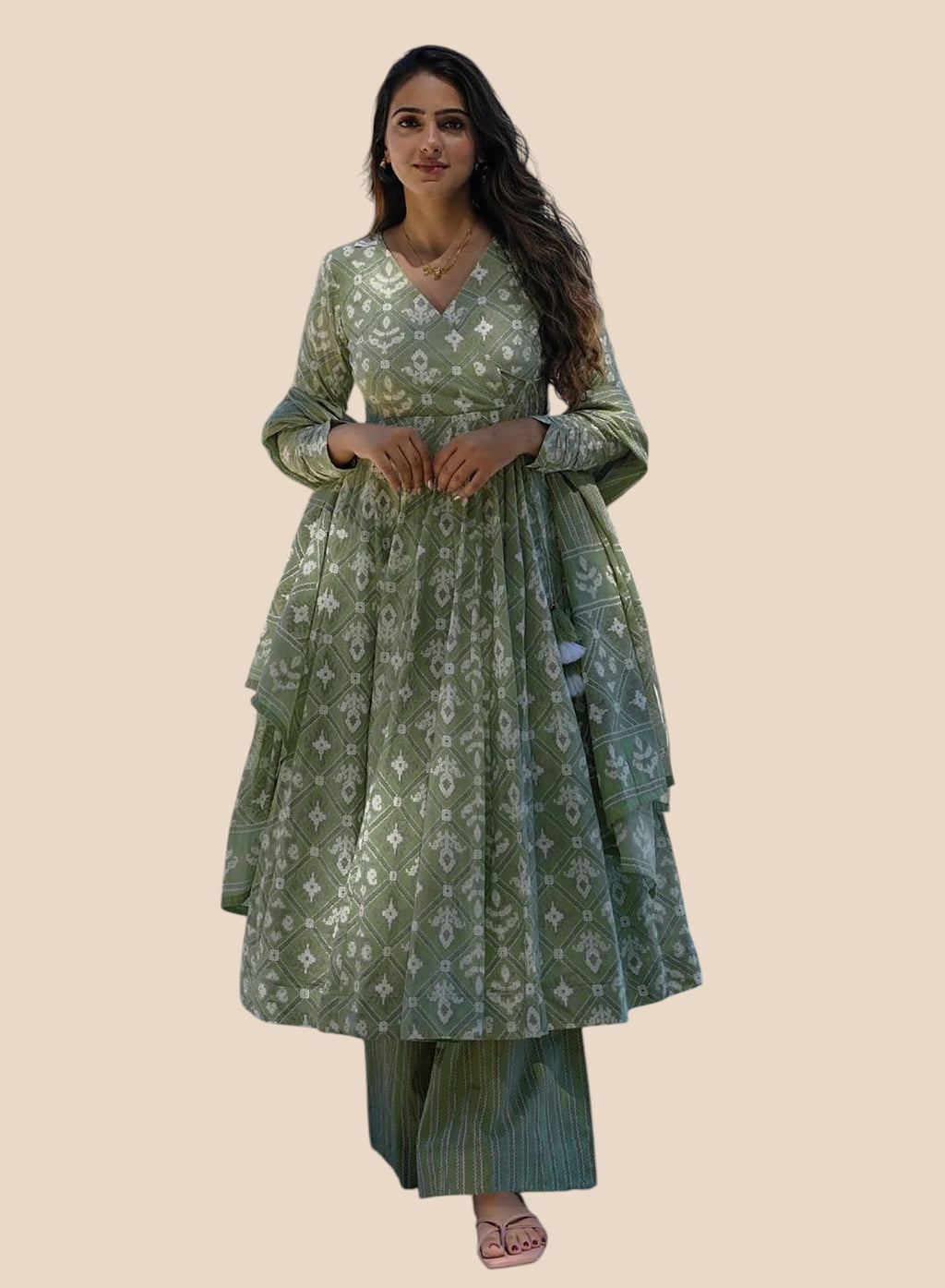Green Rayon Slub Printed Anarkali Kurta Set with Dupatta