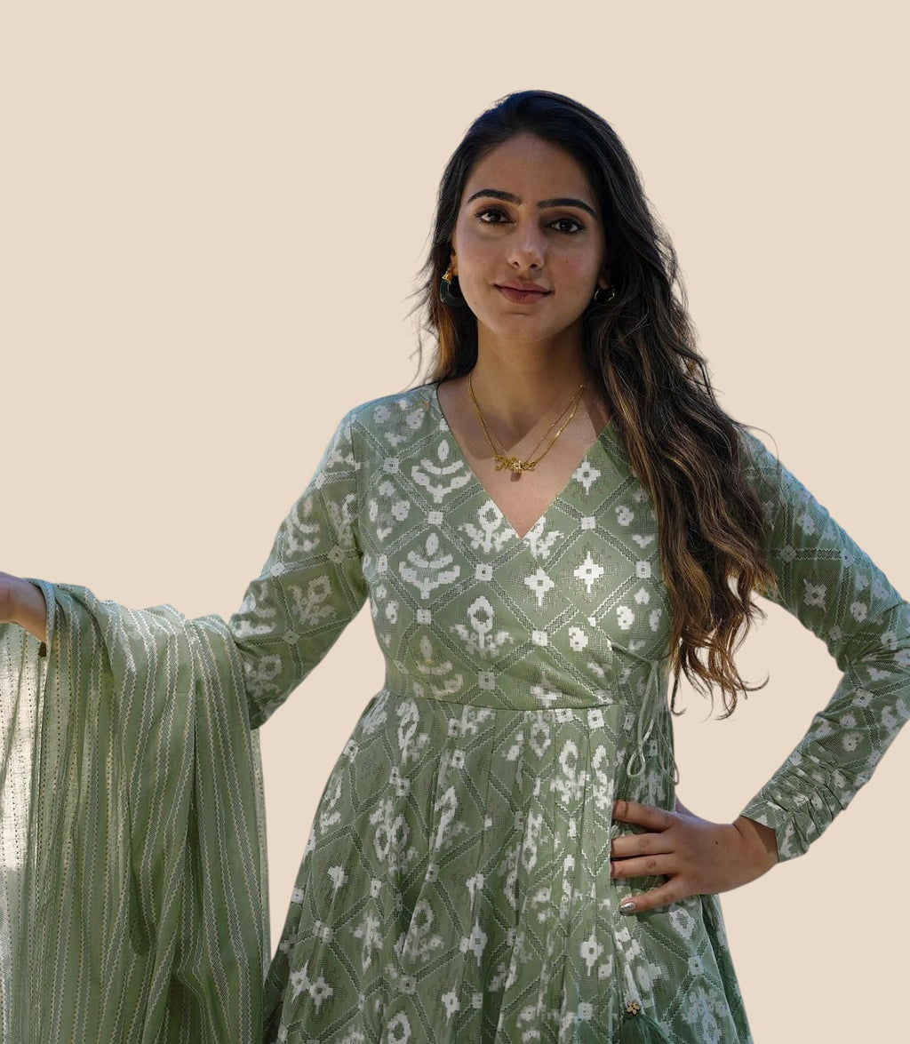 Green Rayon Slub Printed Anarkali Kurta Set with Dupatta