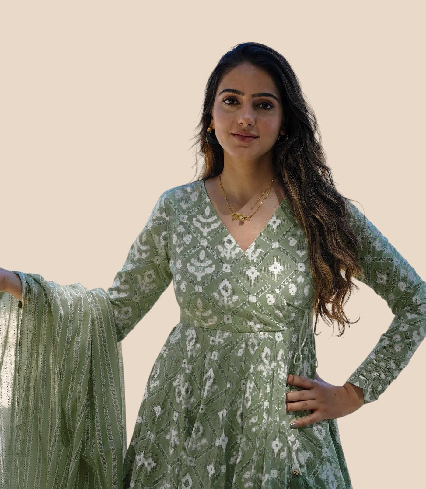 Green Rayon Slub Printed Anarkali Kurta Set with Dupatta