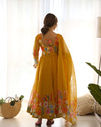 Women Floral Printed Organza Silk Flared Anarkali Kurta Set