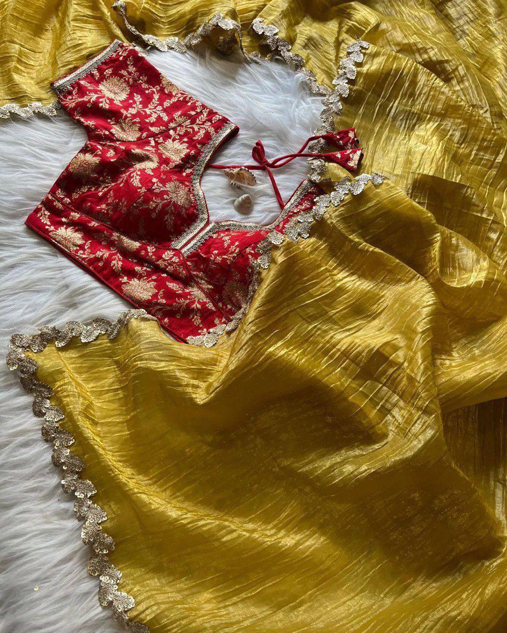 Glamorous Party Wear Crushed Tissue Saree with Sequin Embroidery & Zari Blouse