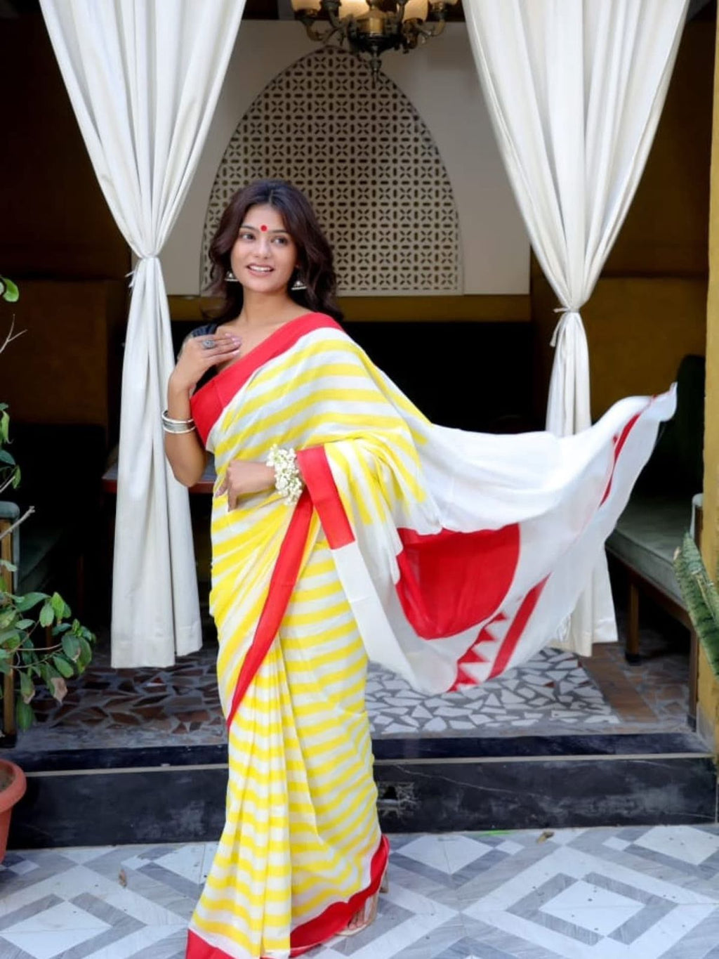 Durga Puja Special Yellow Printed Chanderi Saree