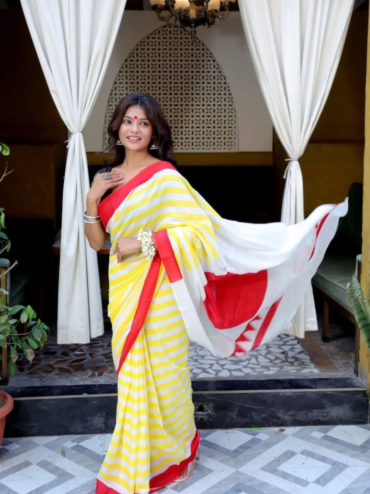 Durga Puja Special Yellow Printed Chanderi Saree