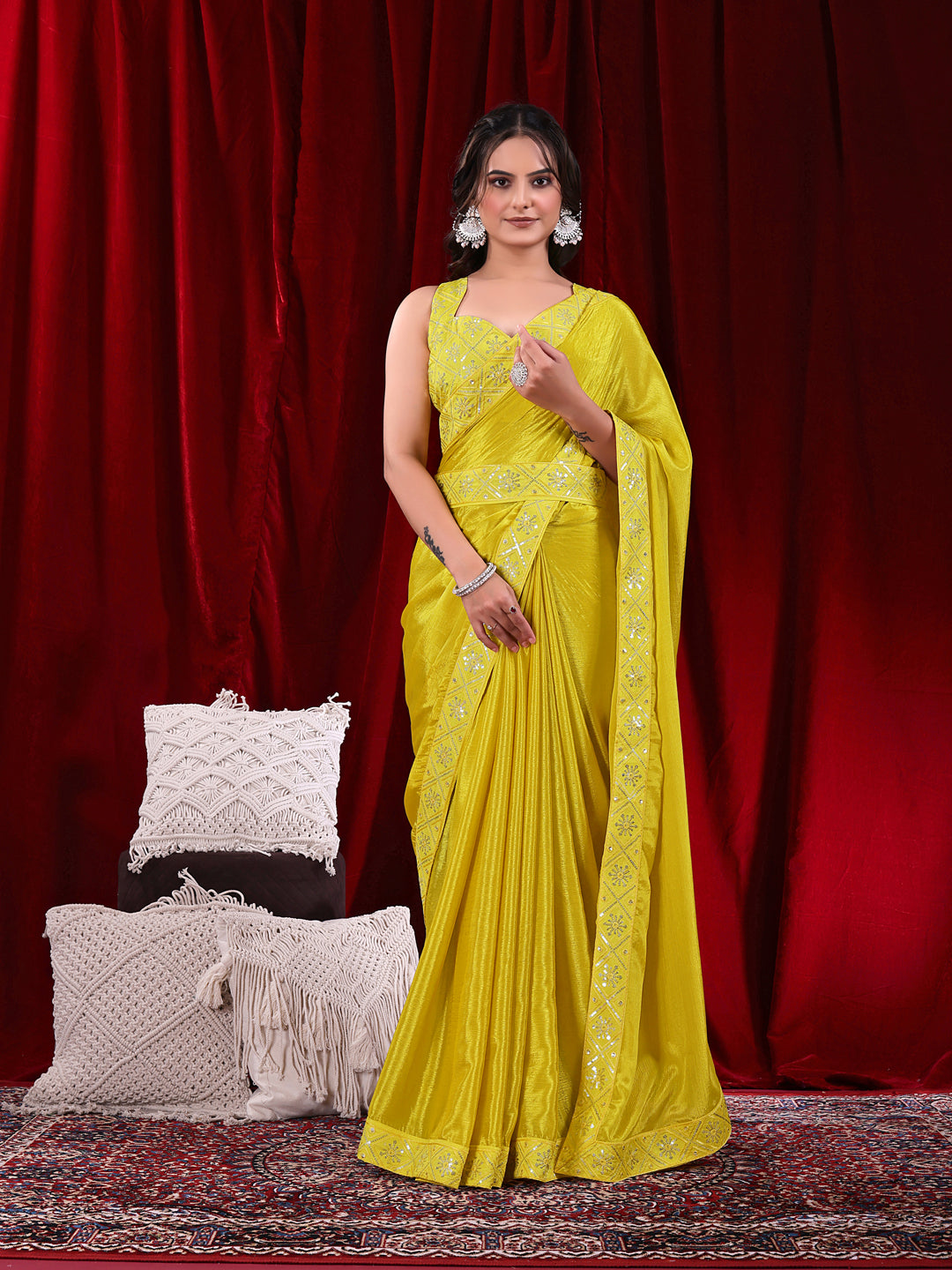 Chinon Solid Saree with Embroidered Lace Border