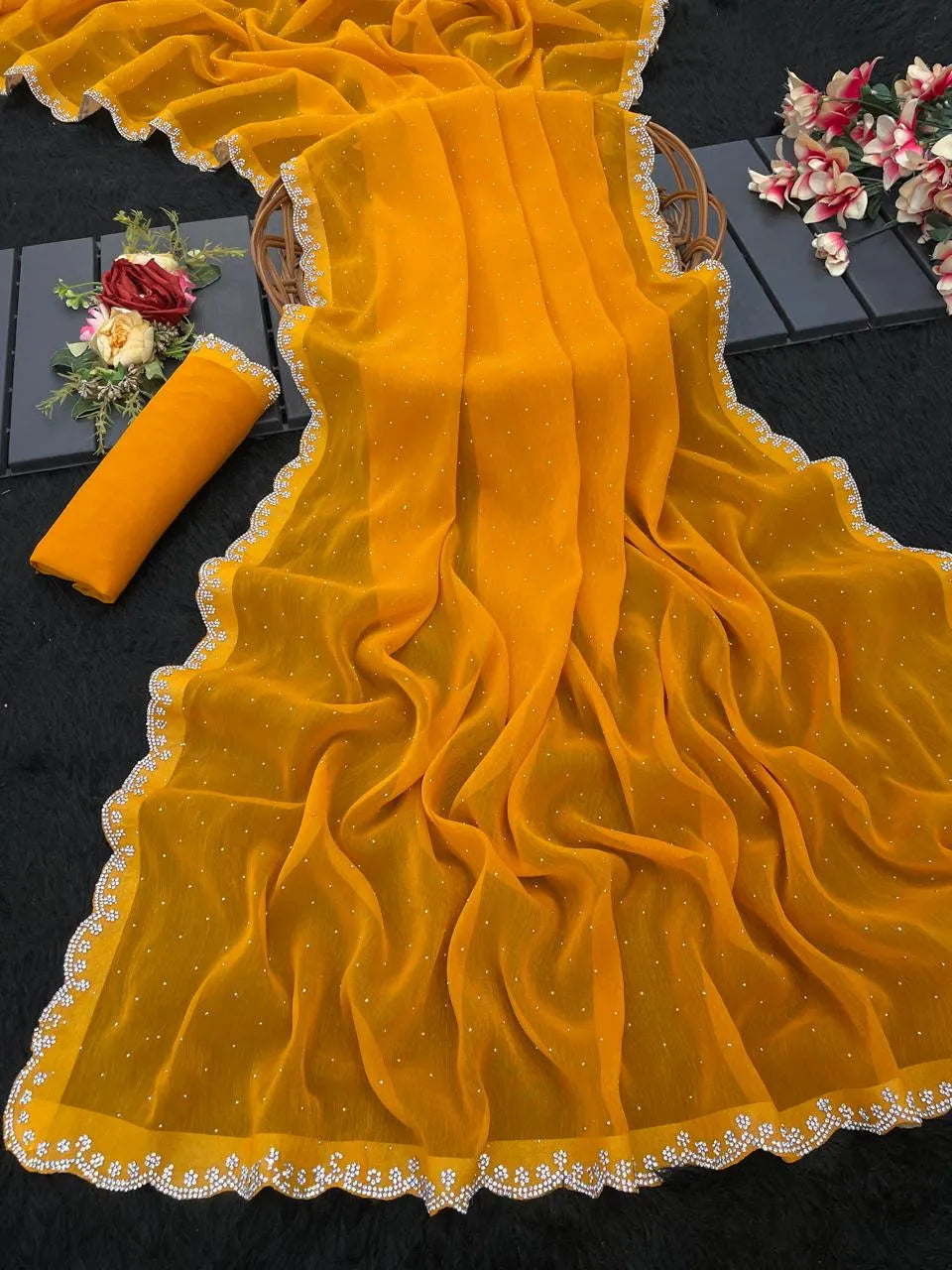 Chiffon  Siroski Diamond Lace Work Saree