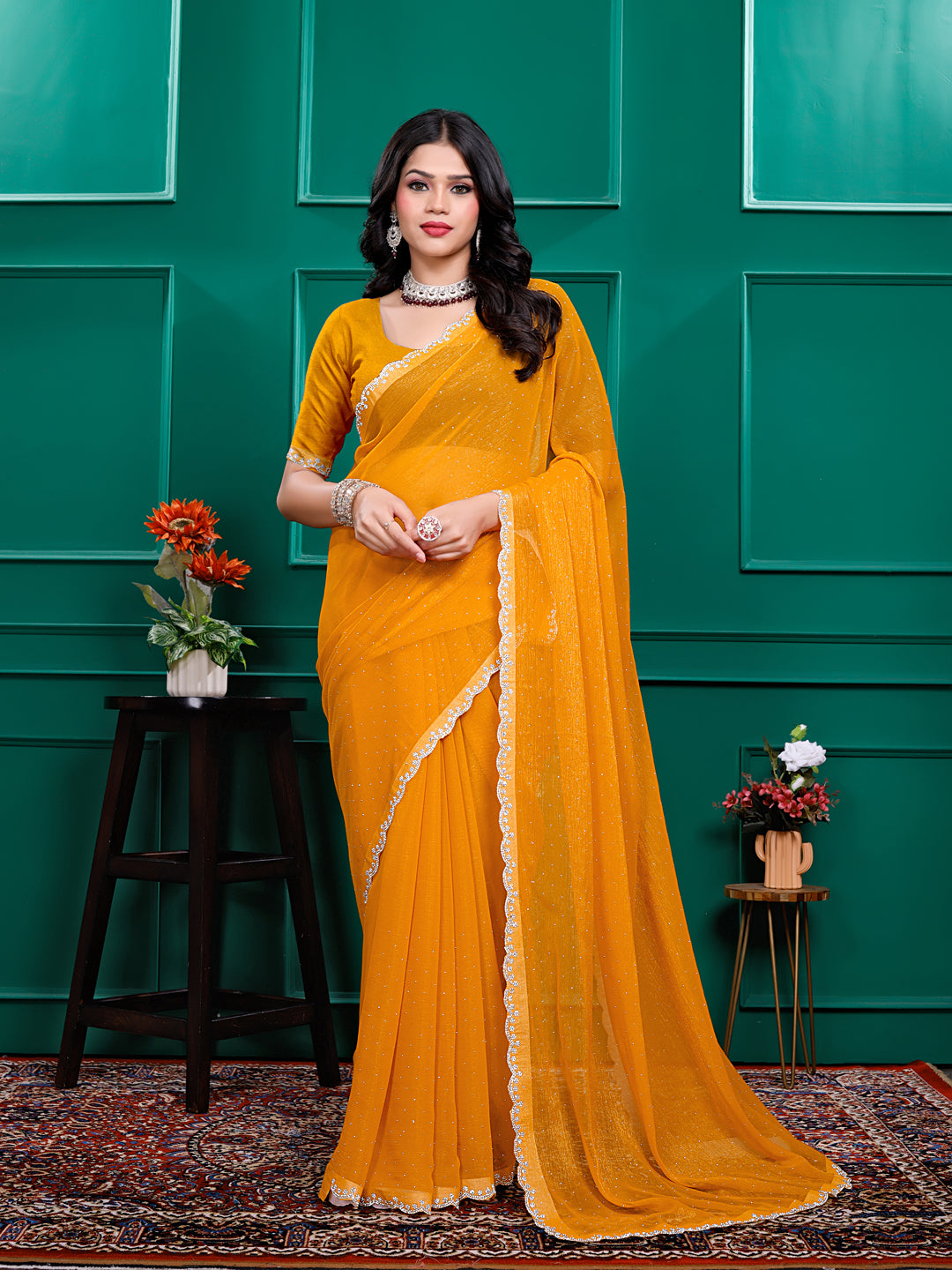 Chiffon   Siroski Daimond  Lace Work Sarees