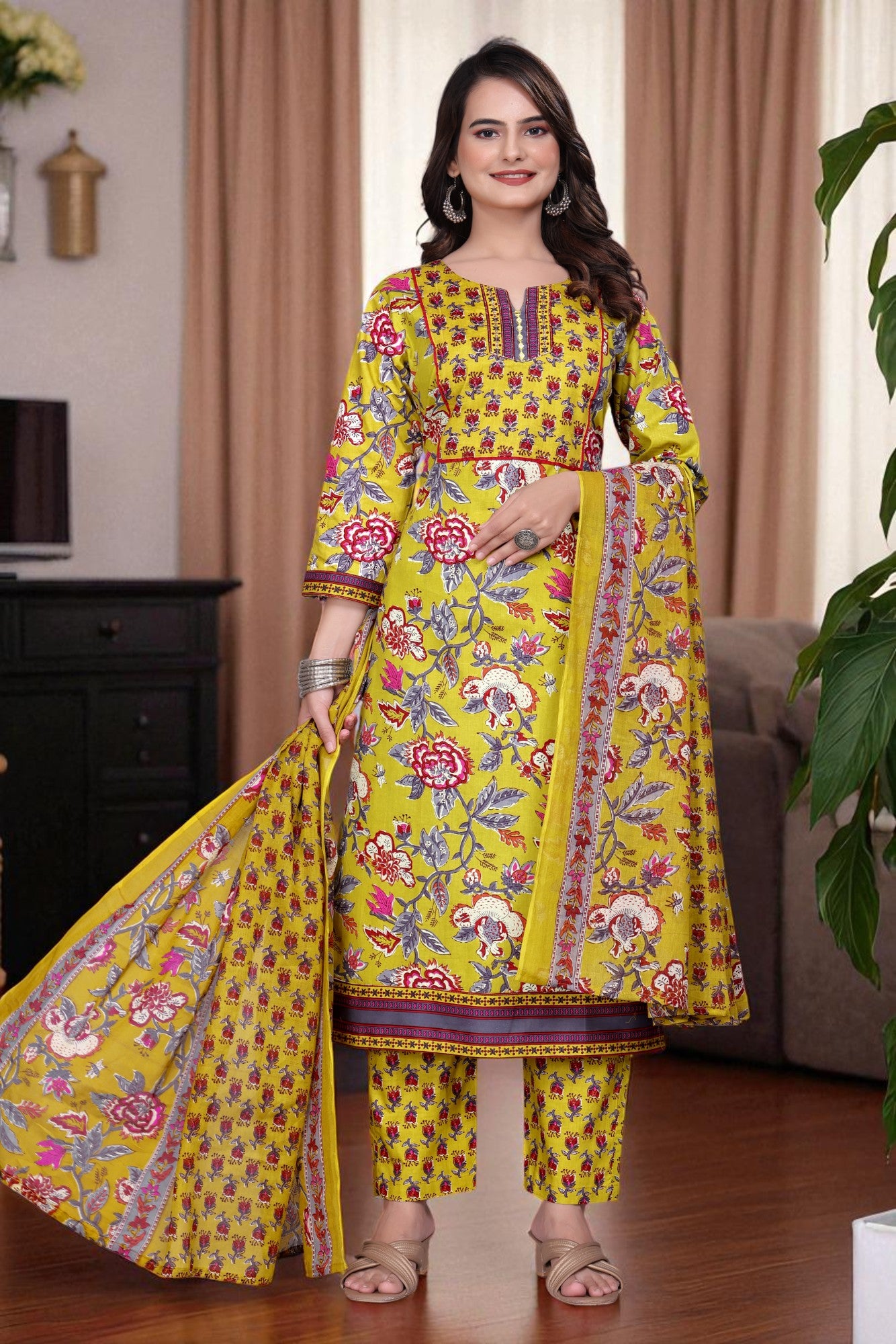 Women's Cotton Floral Printed Kurta Set with Dupatta