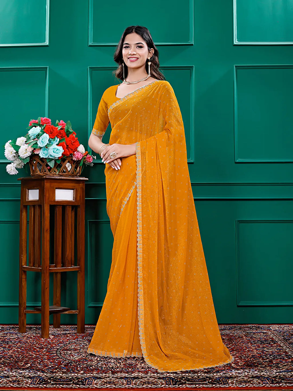 Chiffon Siroski Diamond Lace Work Saree