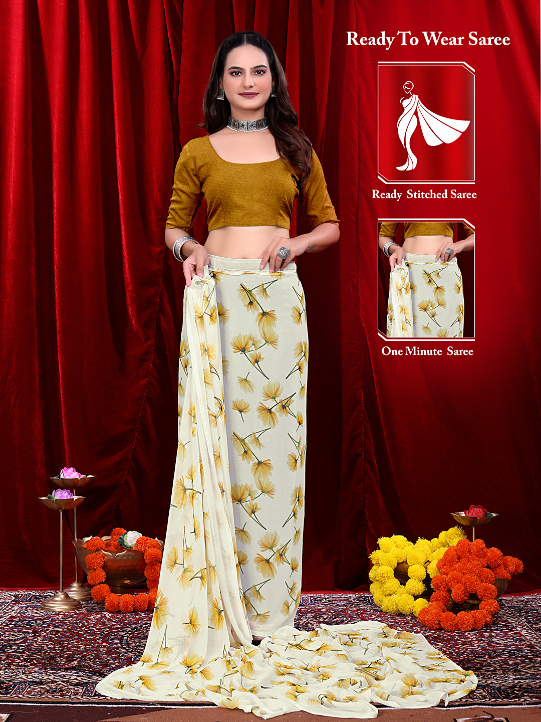 Women's Ready-to-wear Floral Printed Georgette Saree