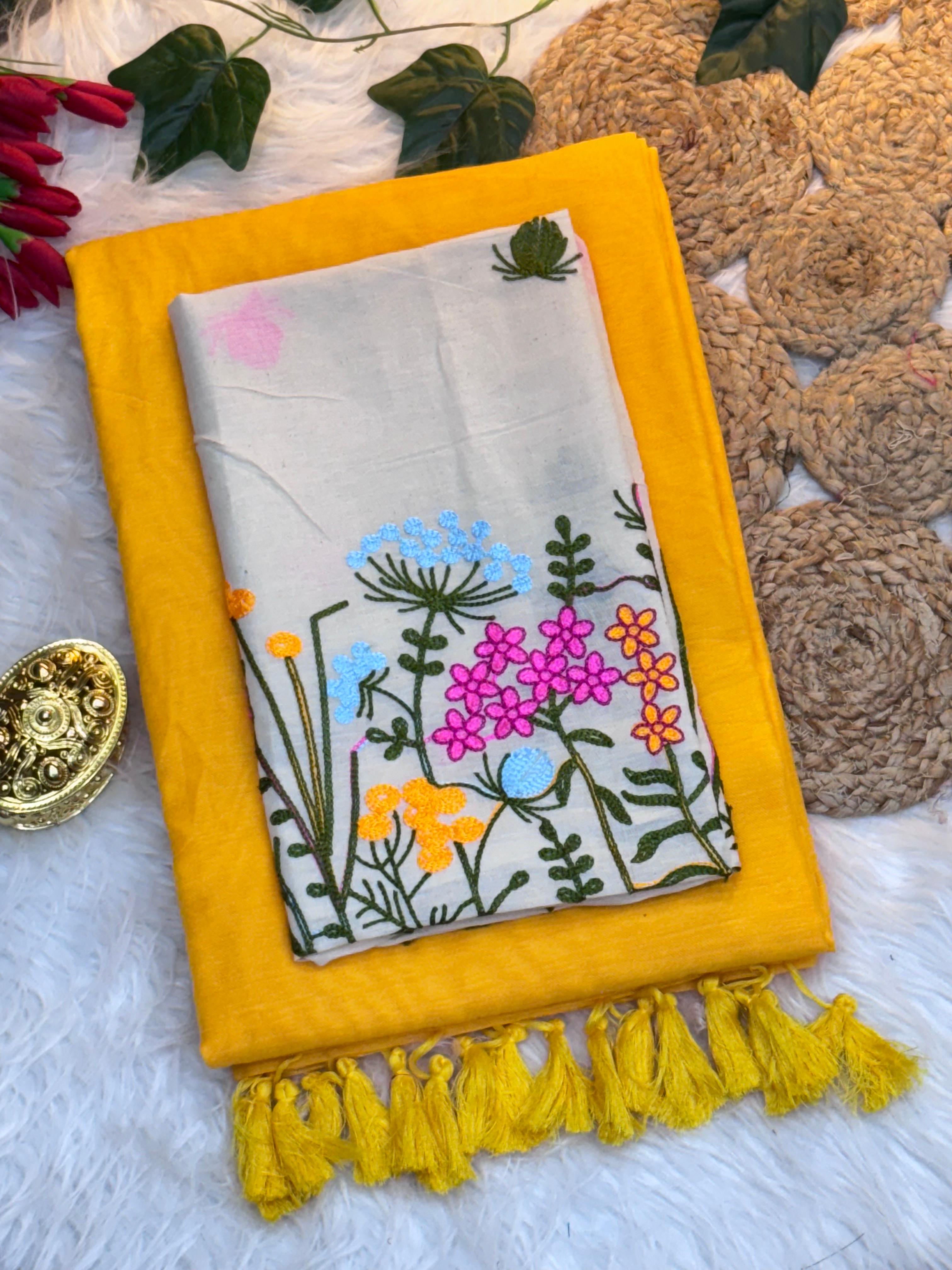 Vibrant Modal Chanderi Saree with Pom Pom Pallu & Traditional Gamthi Work Blouse