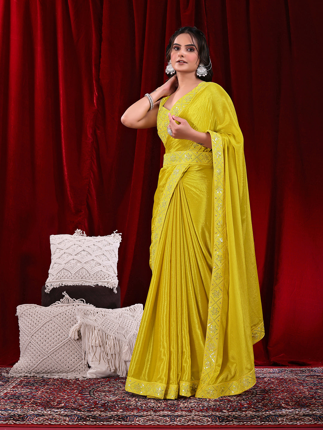 Chinon Solid Saree with Embroidered Lace Border