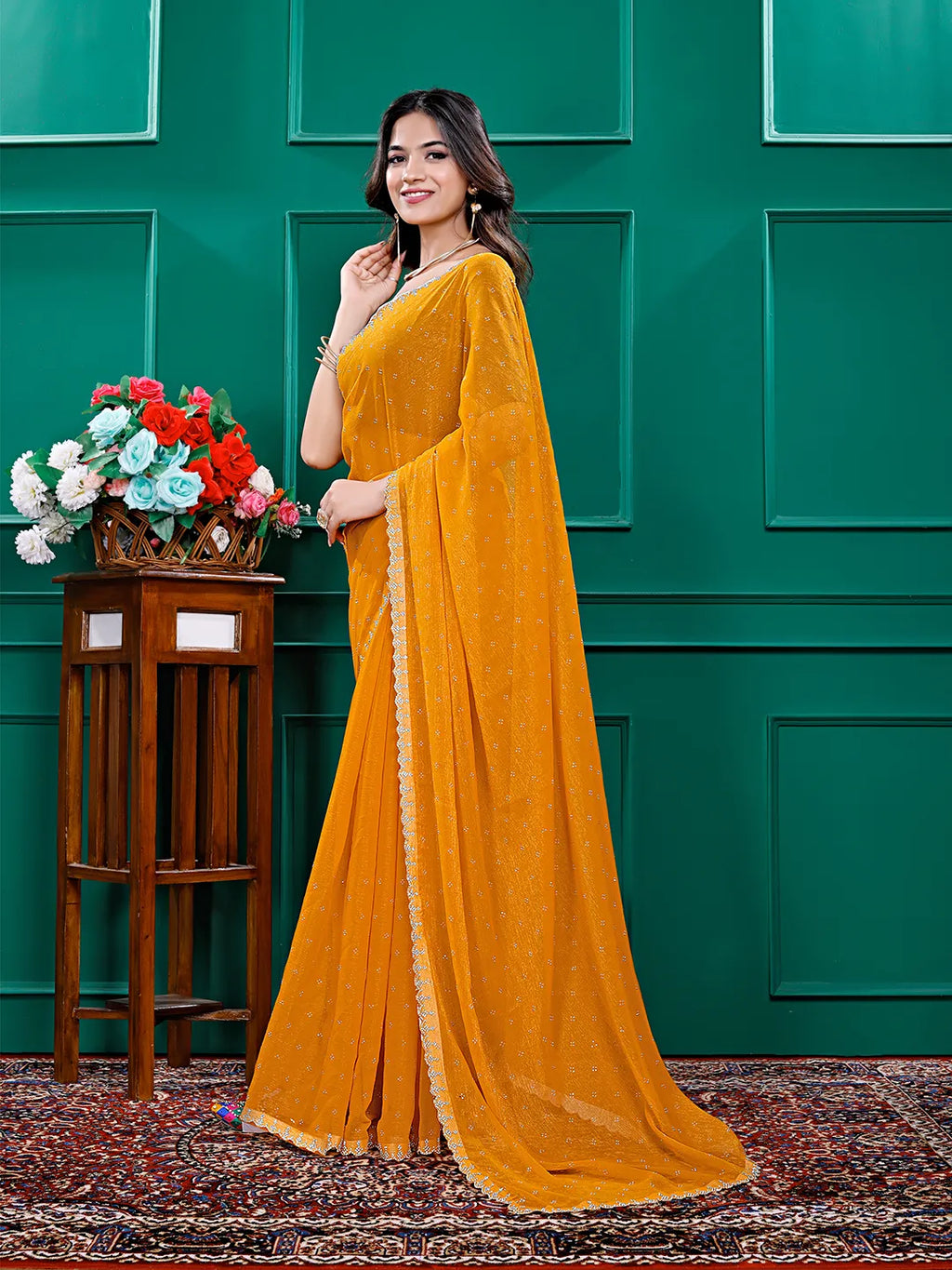 Chiffon Siroski Diamond Lace Work Saree