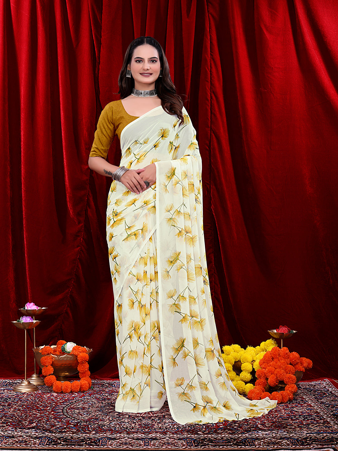 Women's Ready-to-wear Floral Printed Georgette Saree