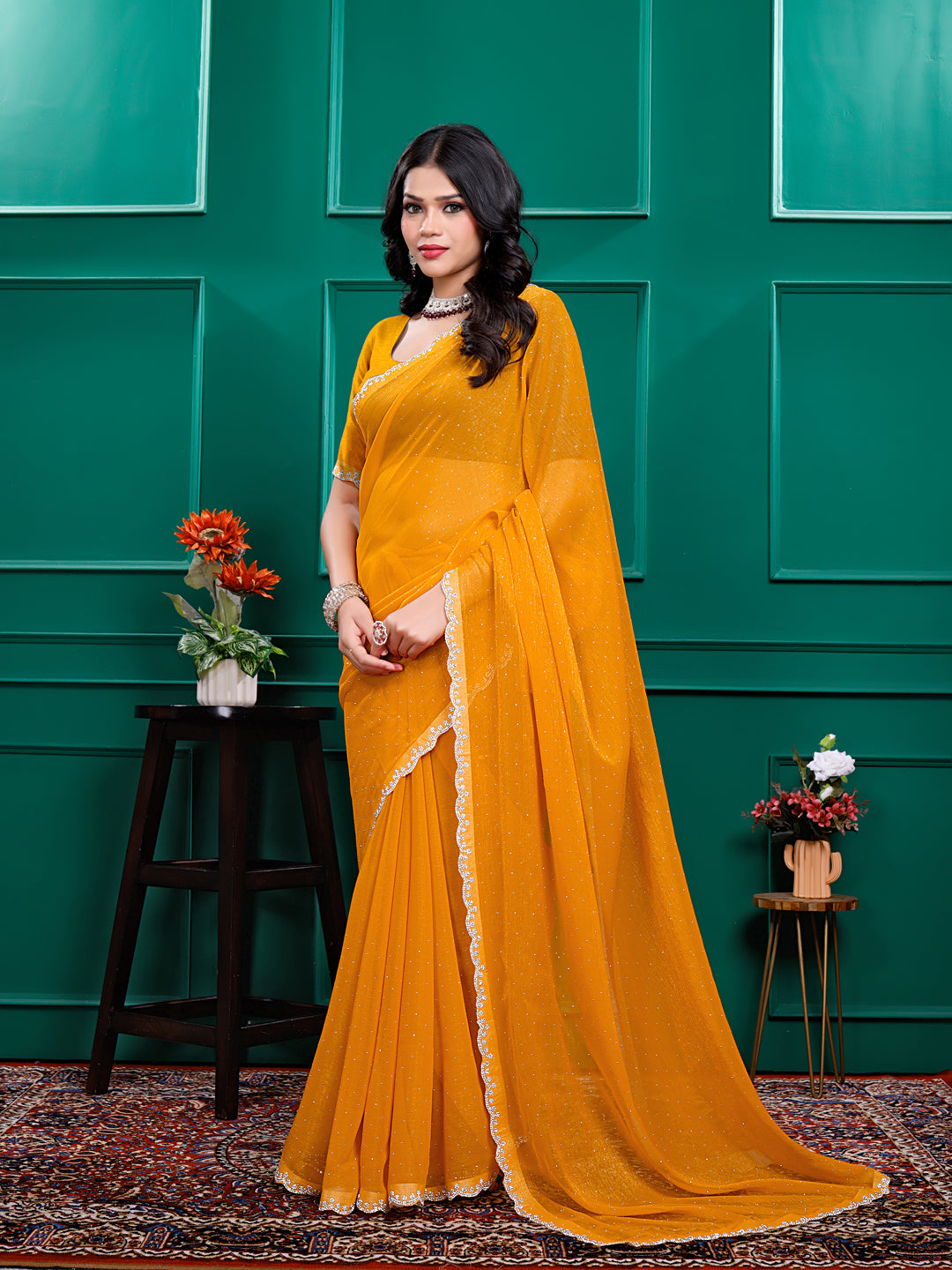 Chiffon   Siroski Daimond  Lace Work Sarees
