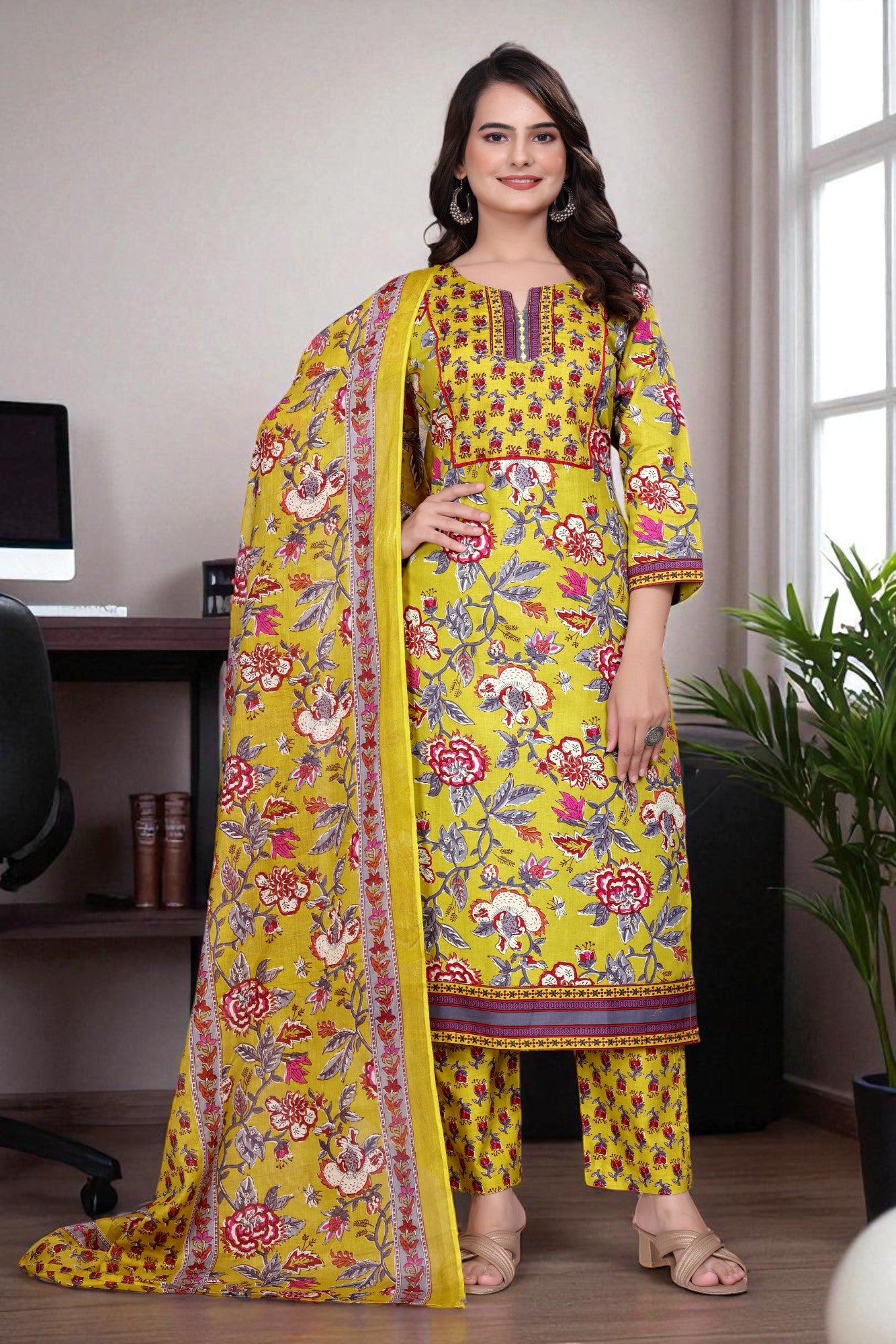 Women's Cotton Floral Printed Kurta Set with Dupatta
