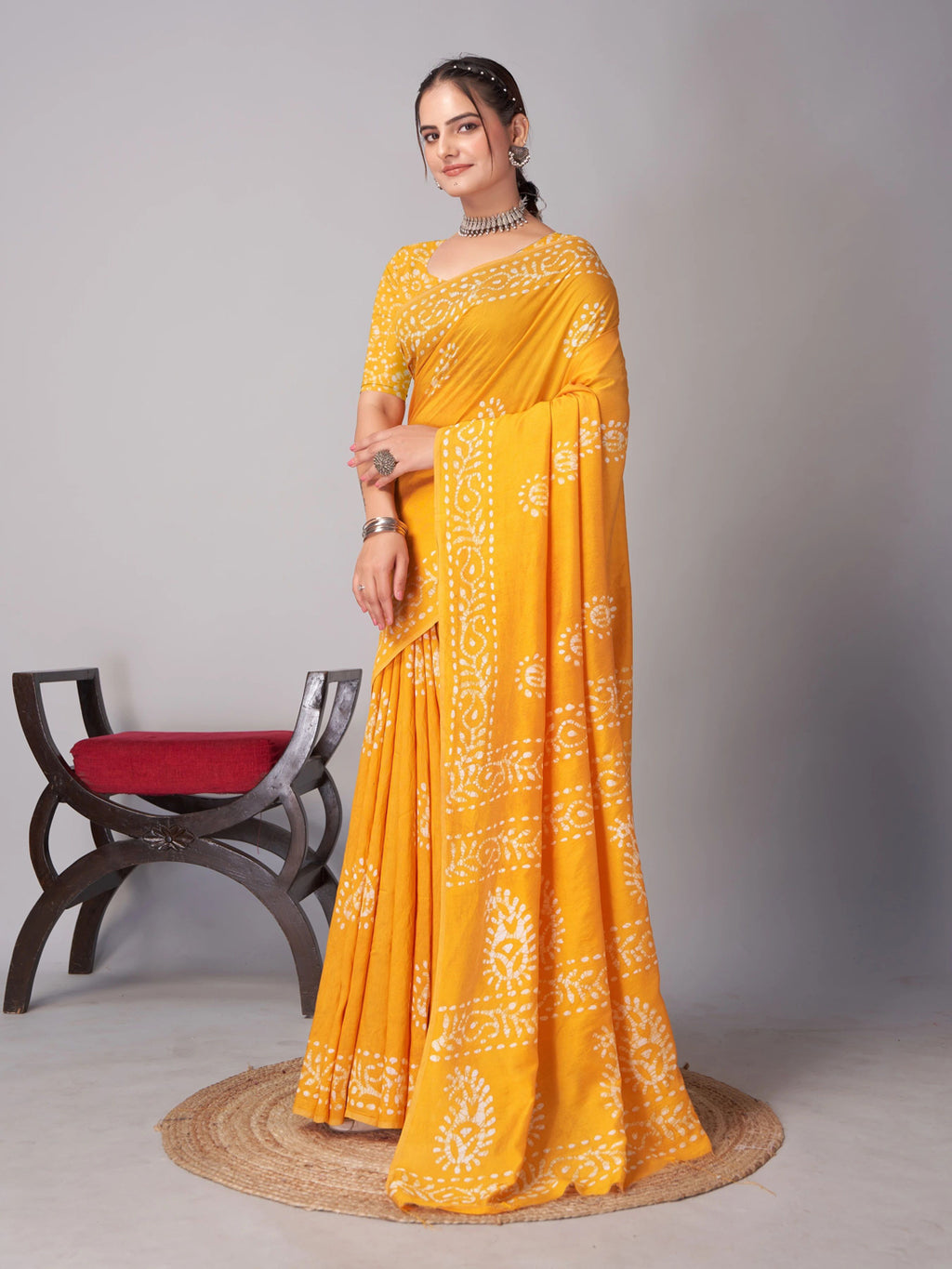 Ready to wear mulmul cotton printed saree – yellow, view 2