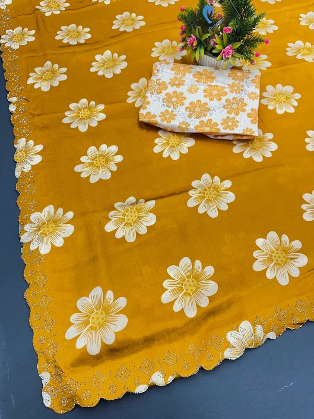 Chinon Floral Print Saree with Siroski Diamond Border & Printed Blouse Piece