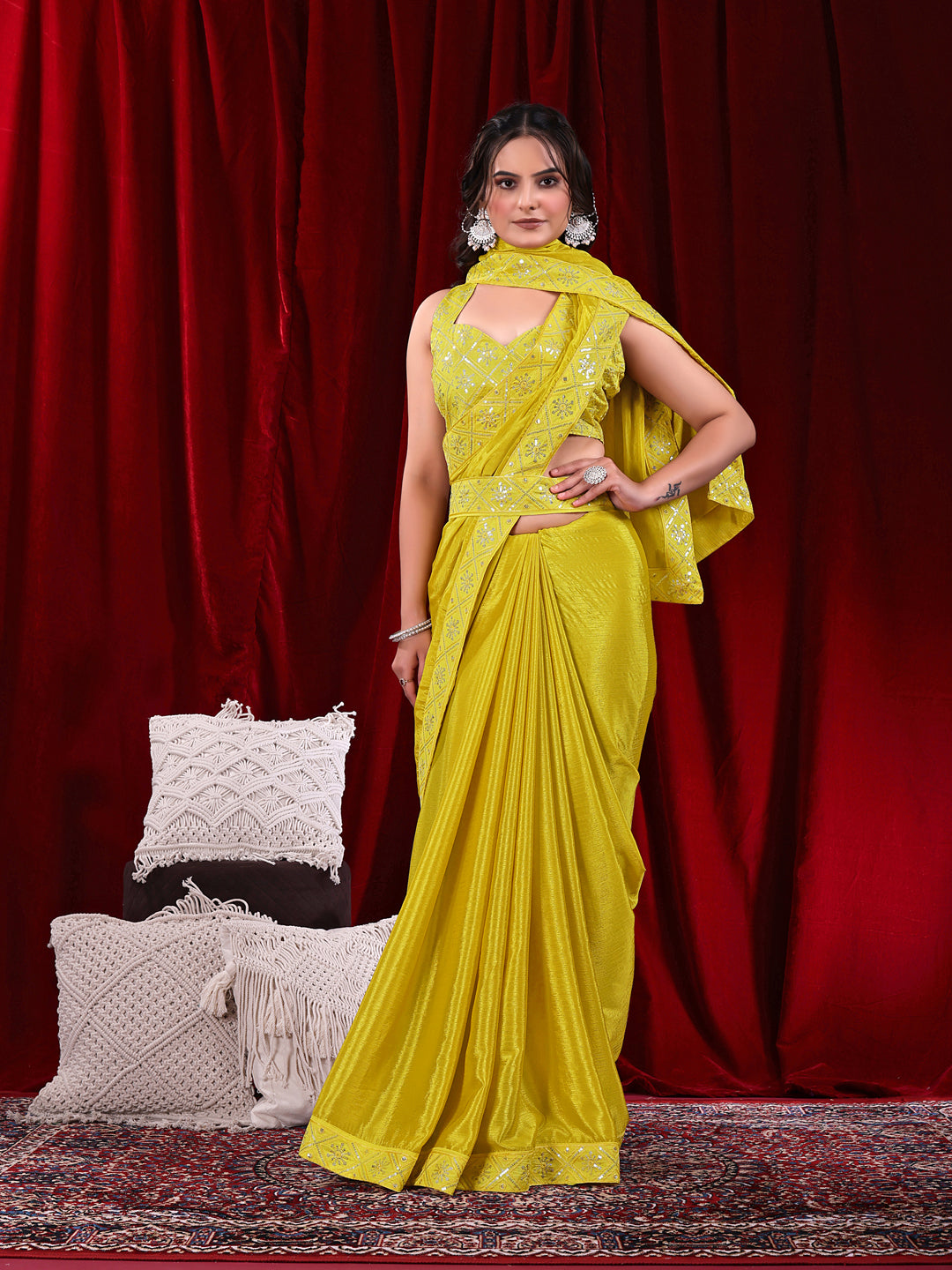 Chinon Solid Saree with Embroidered Lace Border