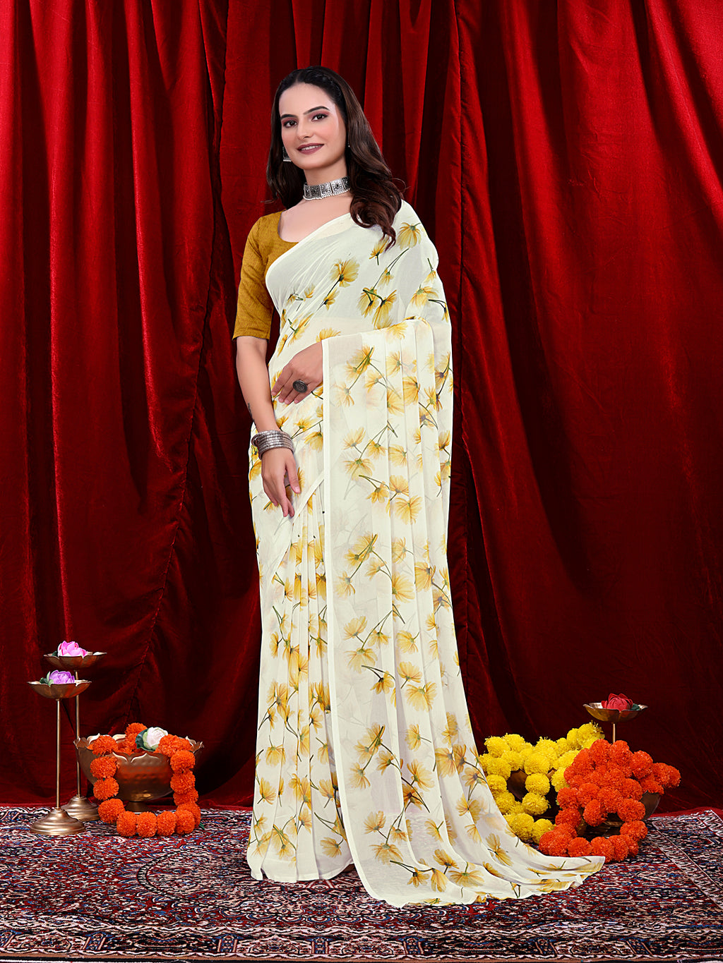 Women's Ready-to-wear Floral Printed Georgette Saree