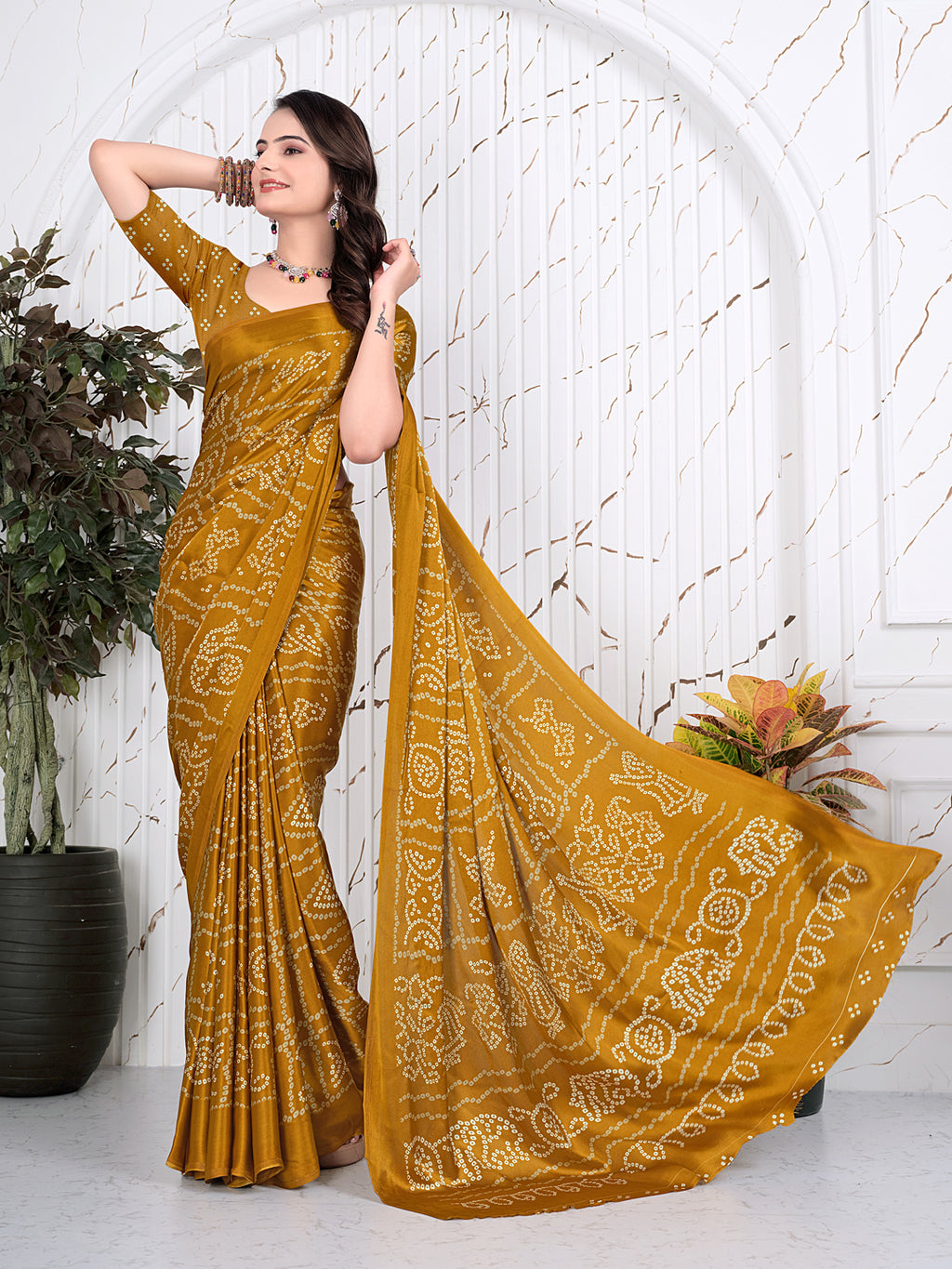 Bandhani Printed Satin Silk Saree for Party Look