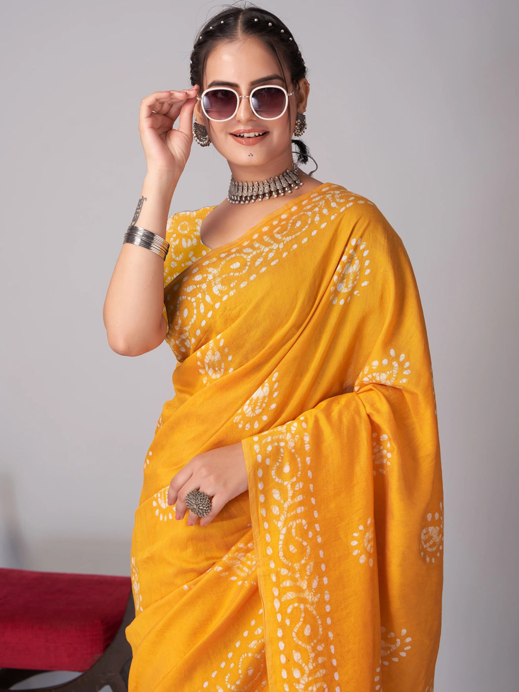 Ready to wear mulmul cotton printed saree – yellow, view 3
