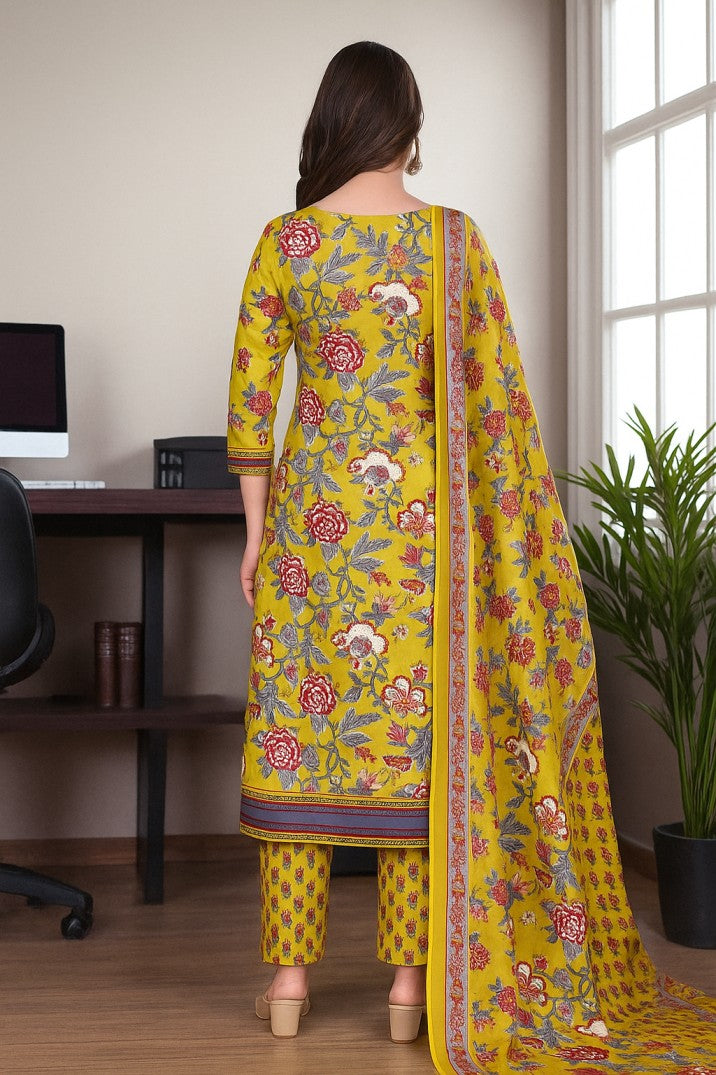 Women's Cotton Floral Printed Kurta Set with Dupatta