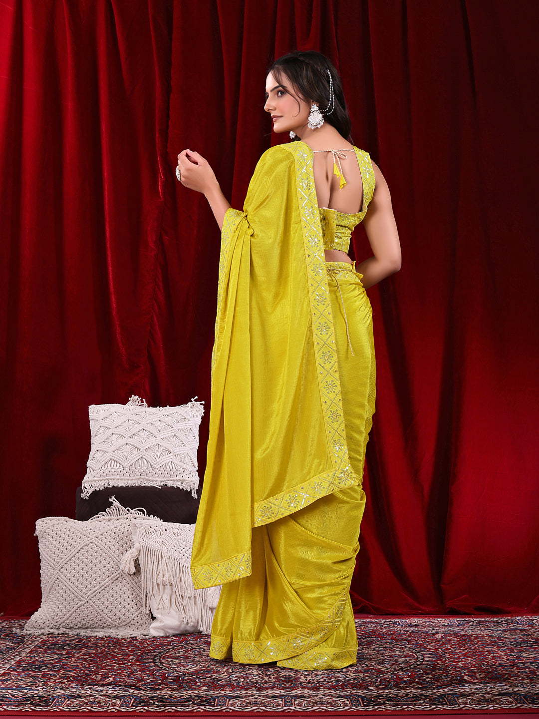 Chinon Solid Saree with Embroidered Lace Border