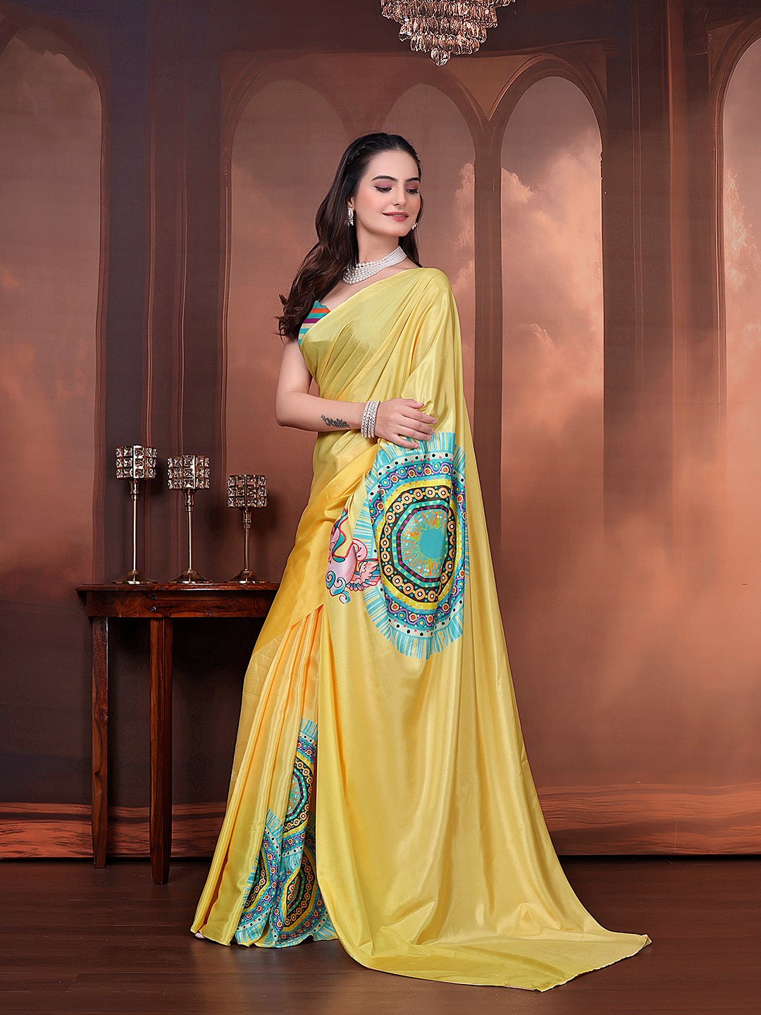 Ready to Wear Silk Crepe Floral Print Saree with Unstitched Blouse for Party Wear