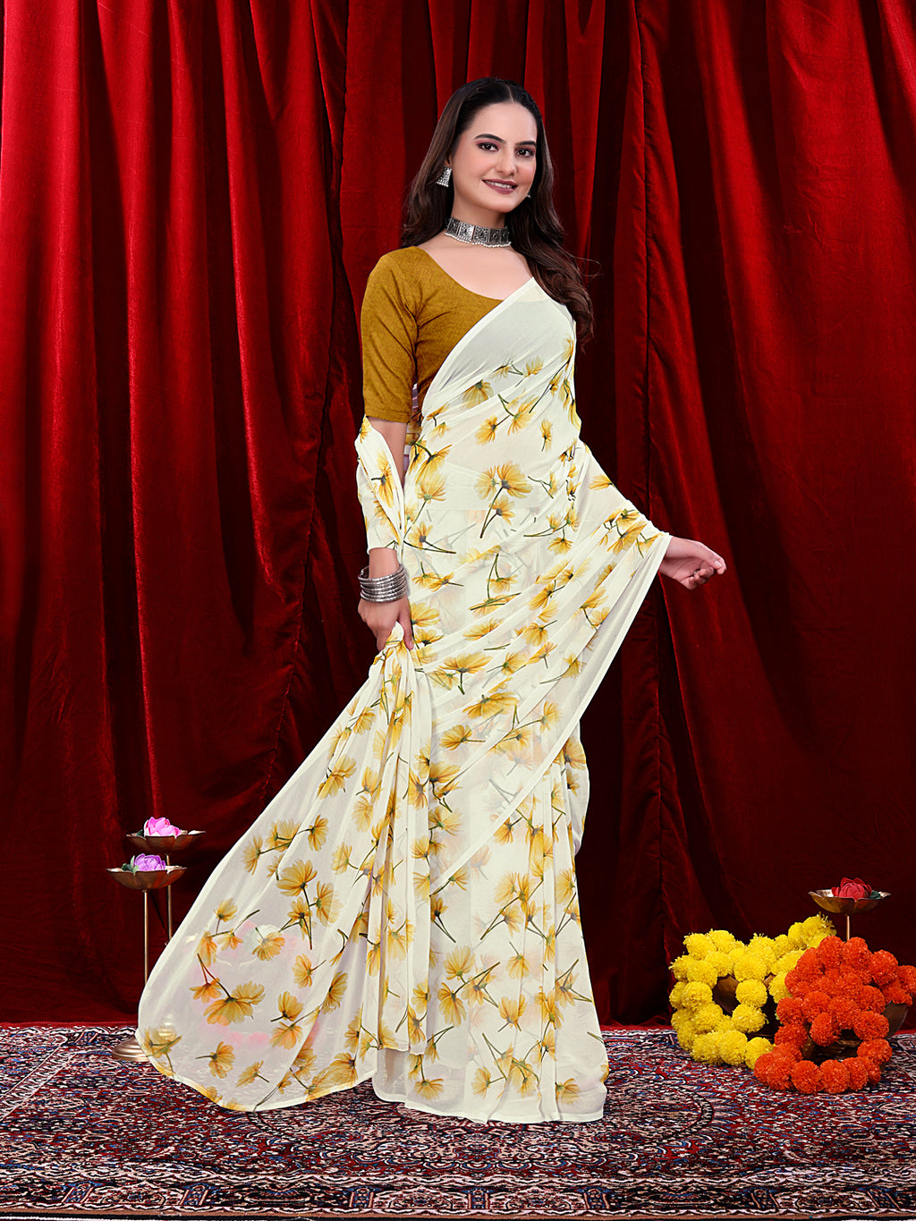Women's Ready-to-wear Floral Printed Georgette Saree