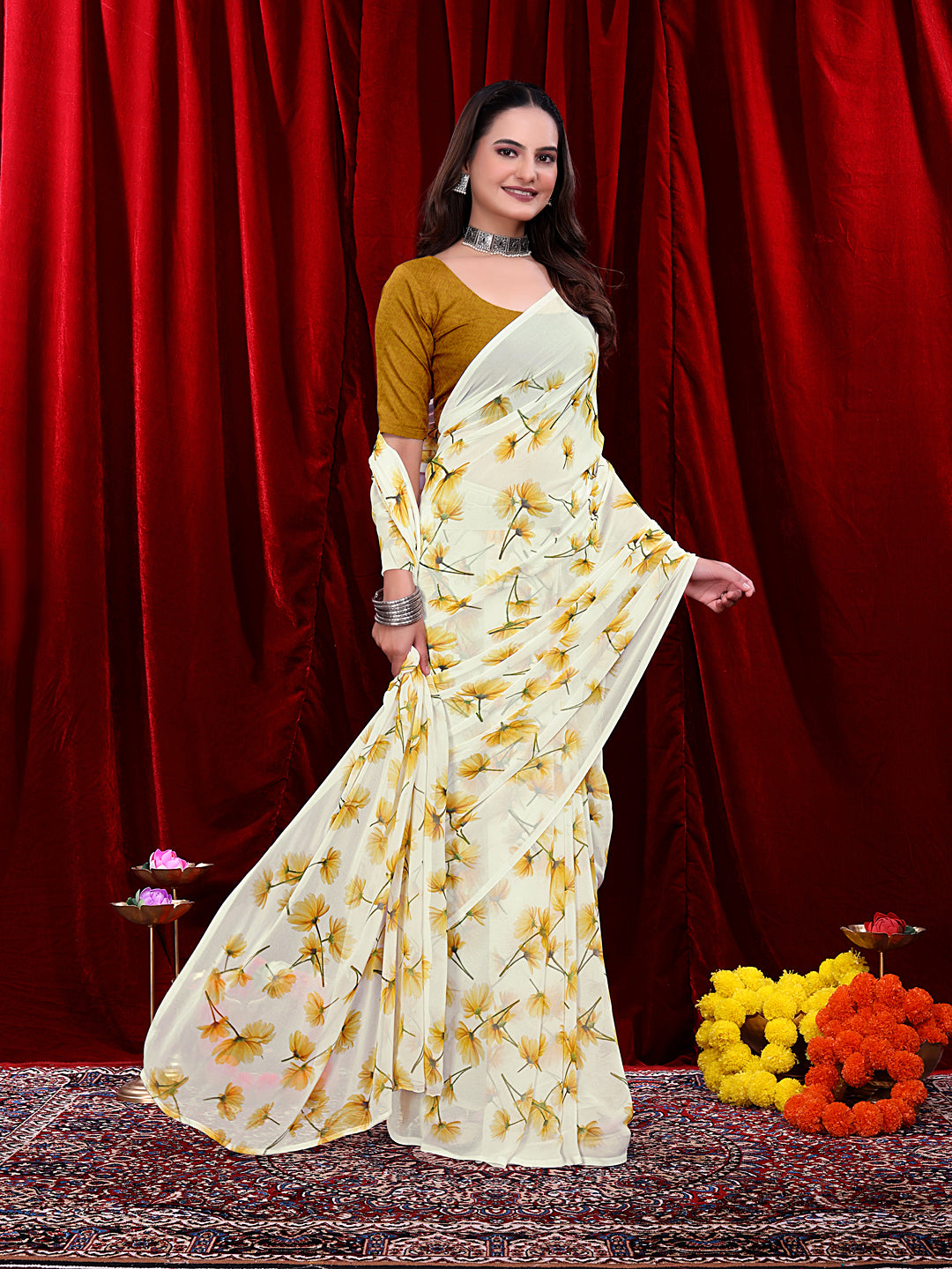 Women's Ready-to-wear Floral Printed Georgette Saree