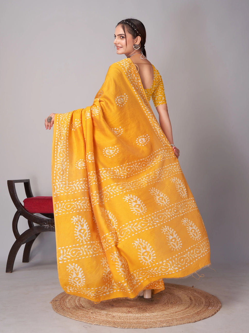 Ready to wear mulmul cotton printed saree – yellow, view 4