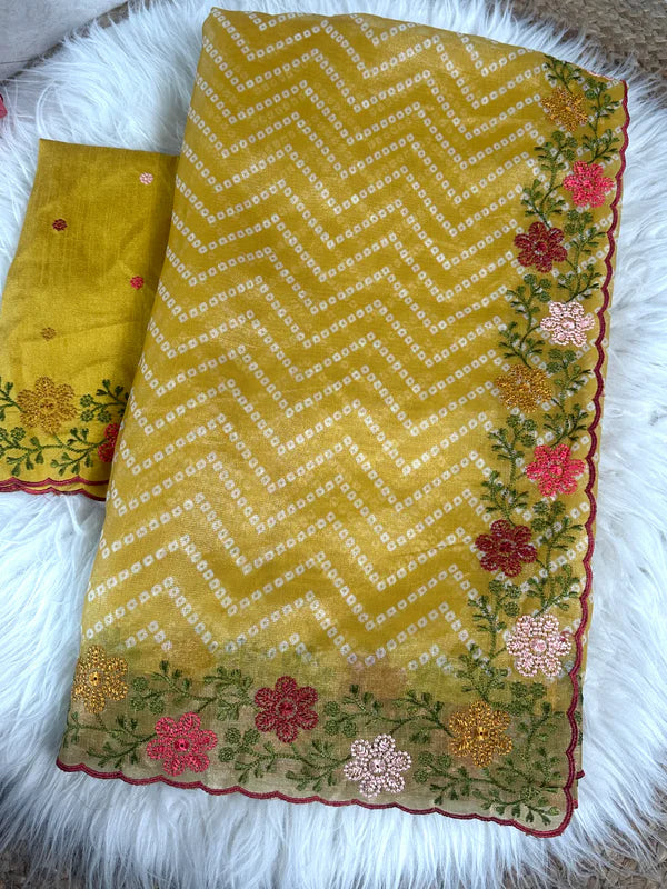 Bandhani Printed Cotton Silk Saree with Embroidery Work