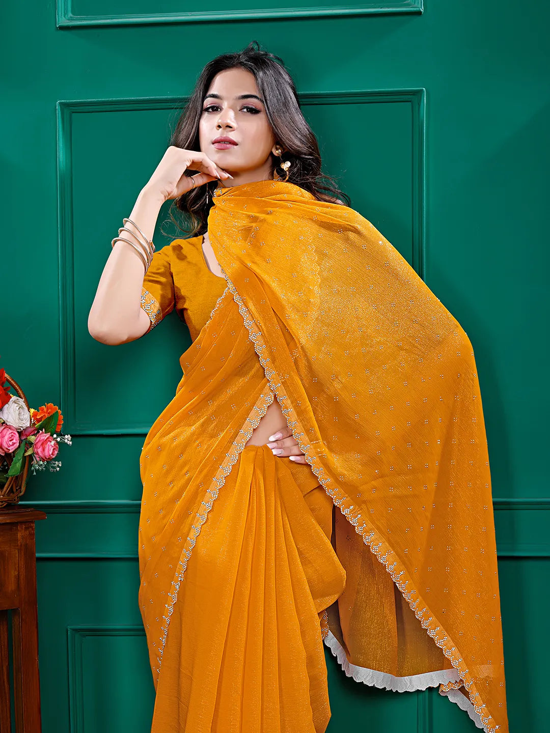 Chiffon Siroski Diamond Lace Work Saree