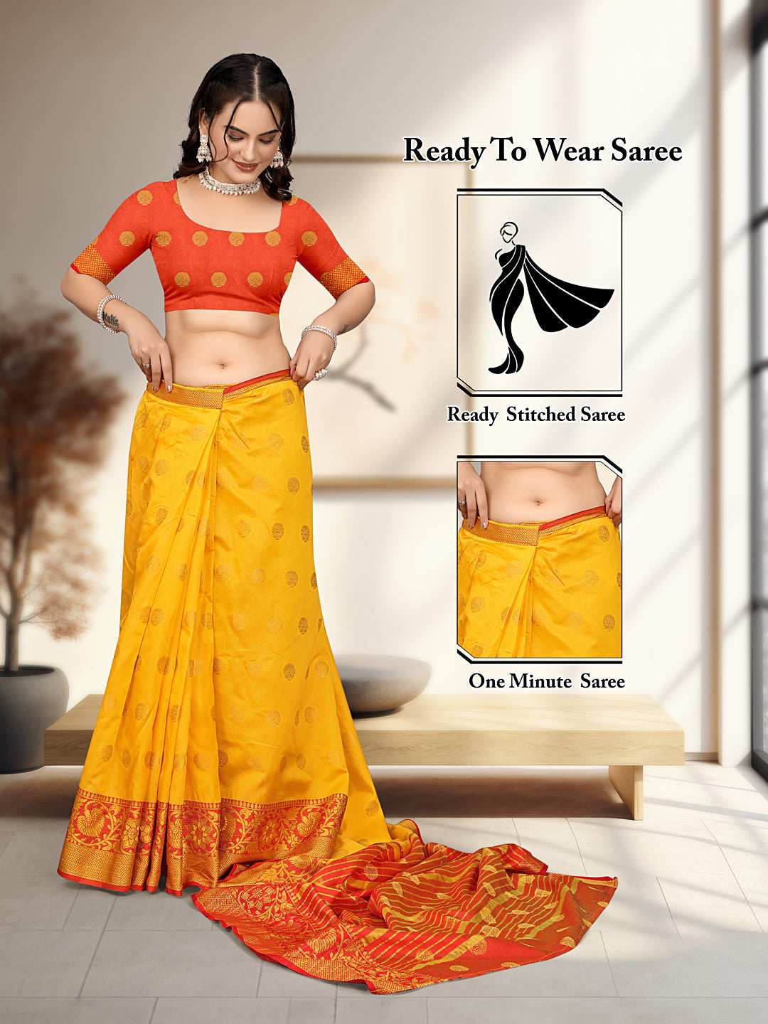Ready To Wear Cotton Silk Woven Zari Jacquard Banarasi Traditional Saree