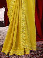 Chinon Solid Saree with Embroidered Lace Border