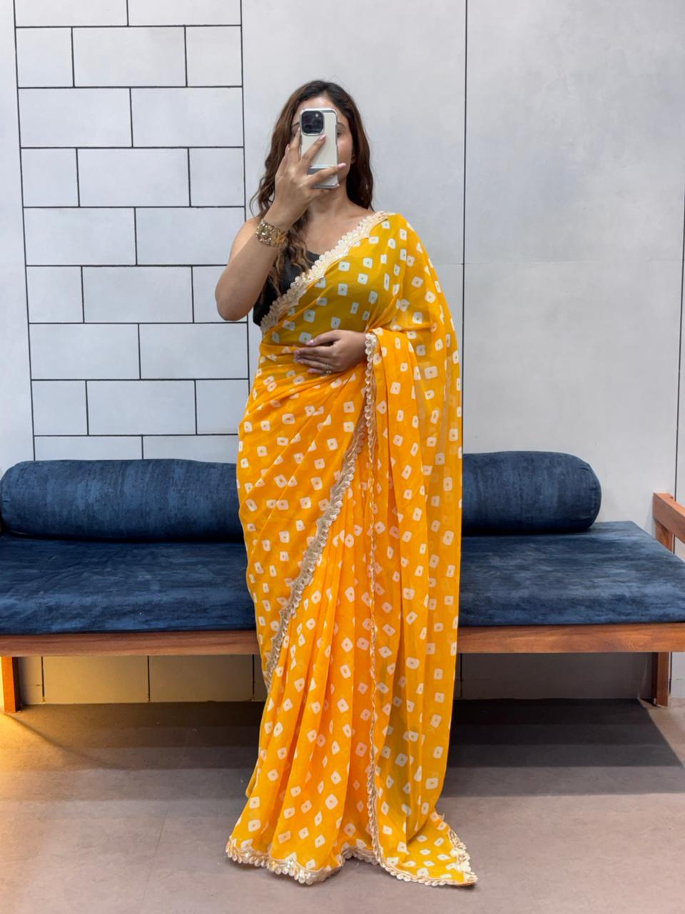 Elegant Leriya Print Georgette Saree with Embroidery Sequence Lace