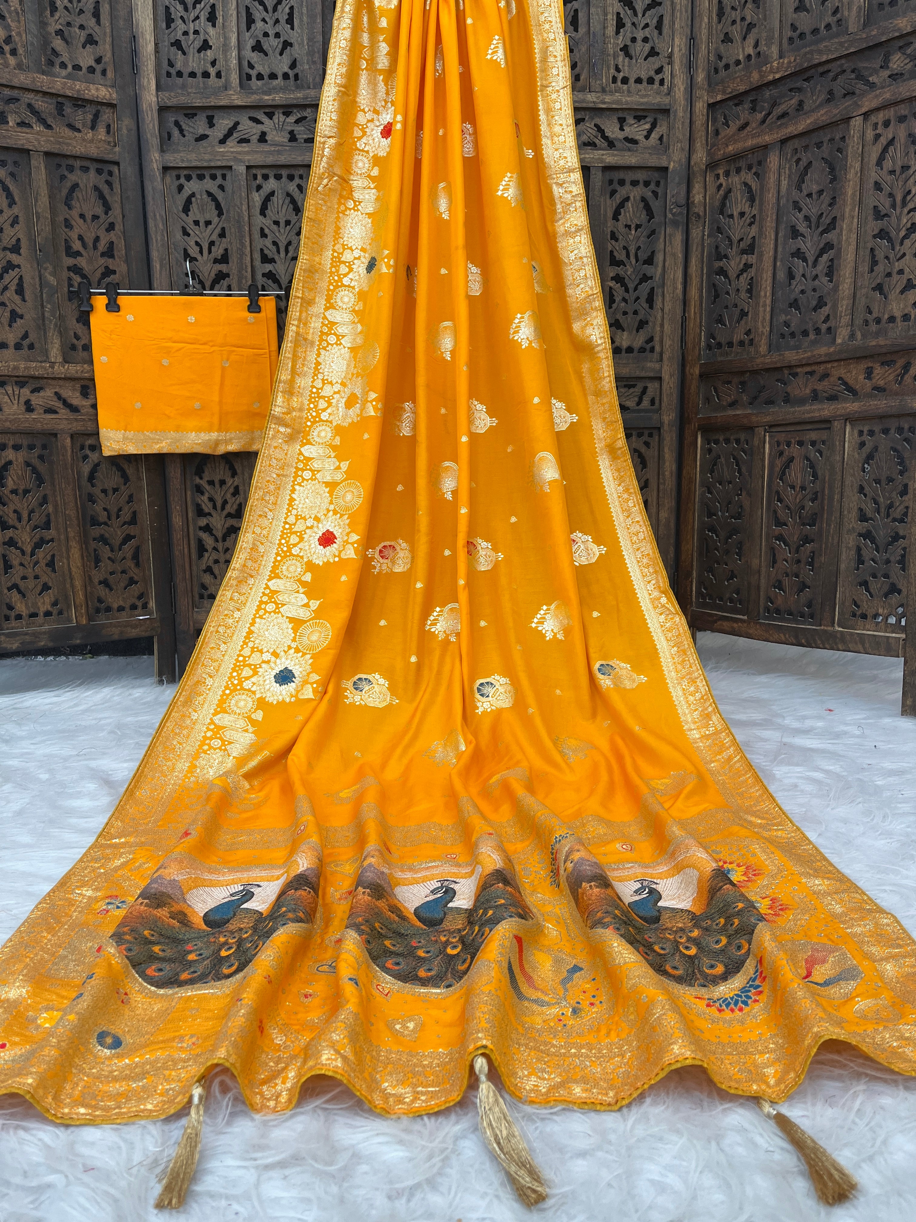 Traditional Dola Silk Saree with Peacock Printed Designer Pallu and Woven Border