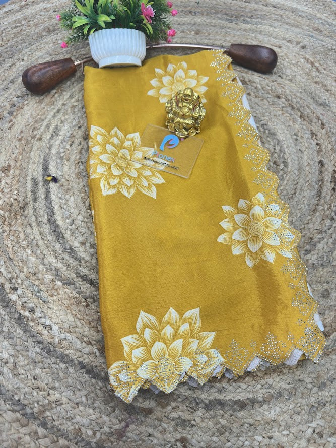 Printed Chinon Saree with Sparkling Siroksi Diamond Work Border