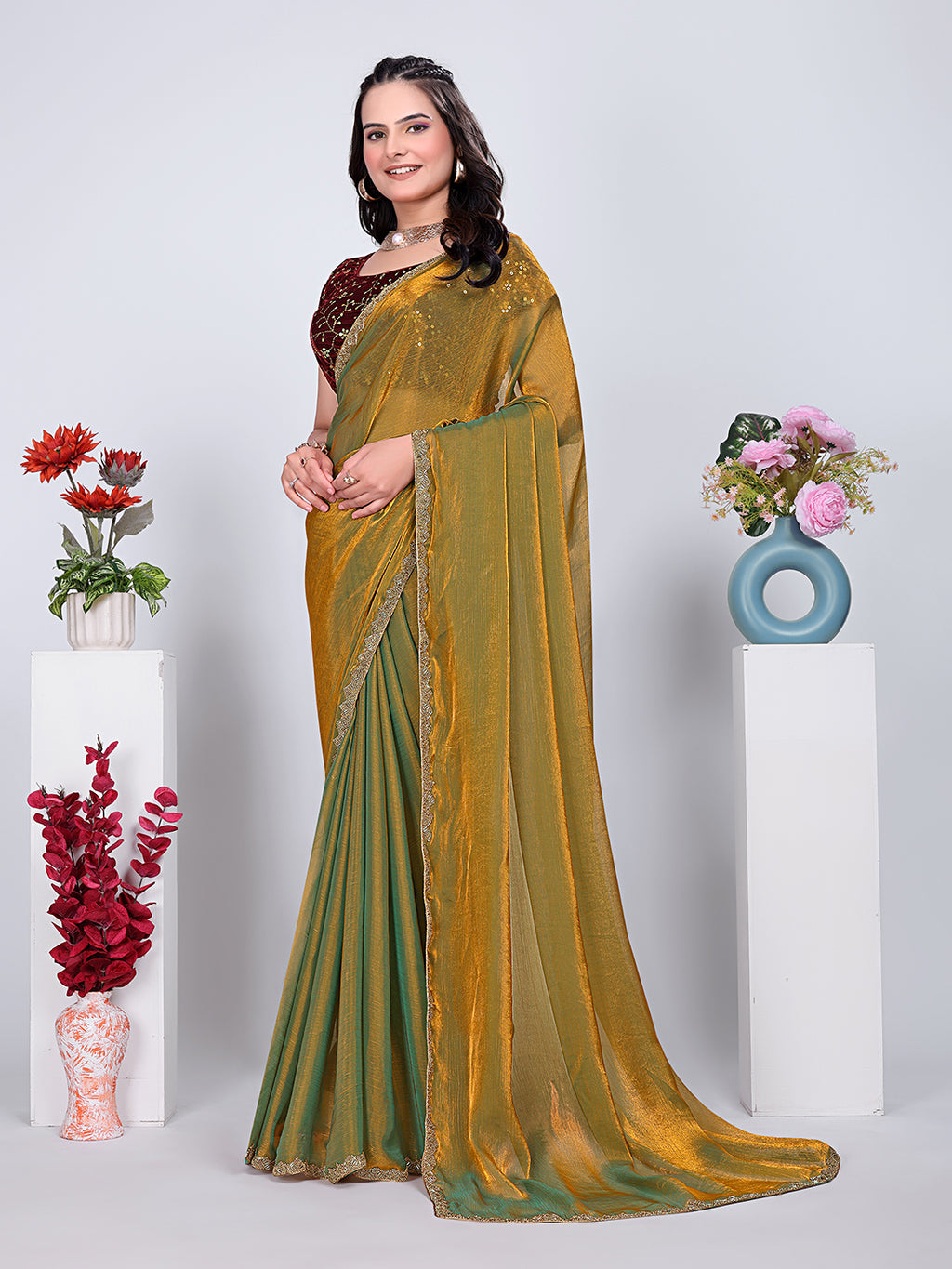 Gold Lace Rama Two-Tone Fancy Chiffon Silk Saree With Stitched Blouse