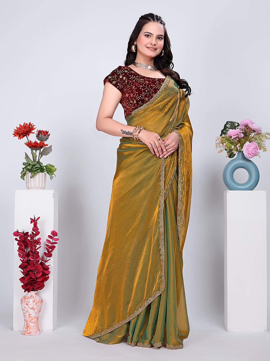Gold Lace Rama Two-Tone Fancy Chiffon Silk Saree With Stitched Blouse