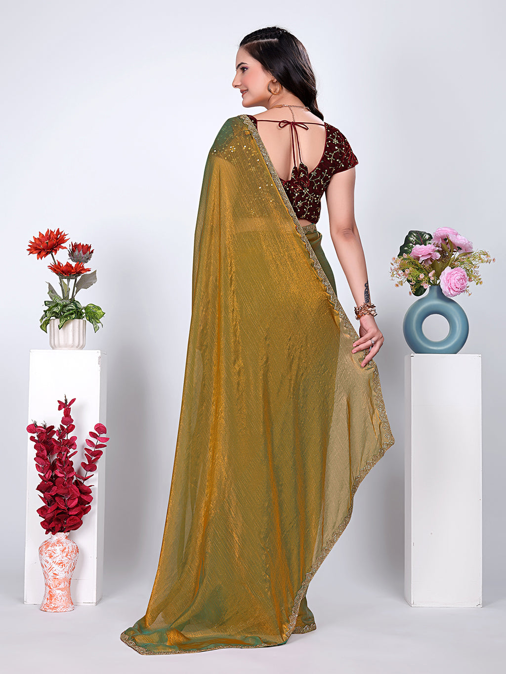 Gold Lace Rama Two-Tone Fancy Chiffon Silk Saree With Stitched Blouse