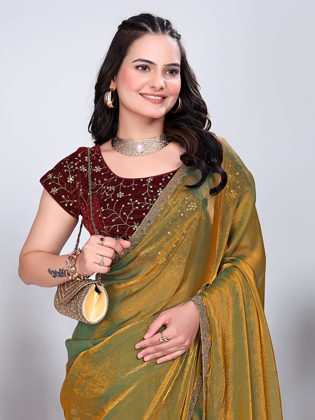 Gold Lace Rama Two-Tone Fancy Chiffon Silk Saree With Stitched Blouse