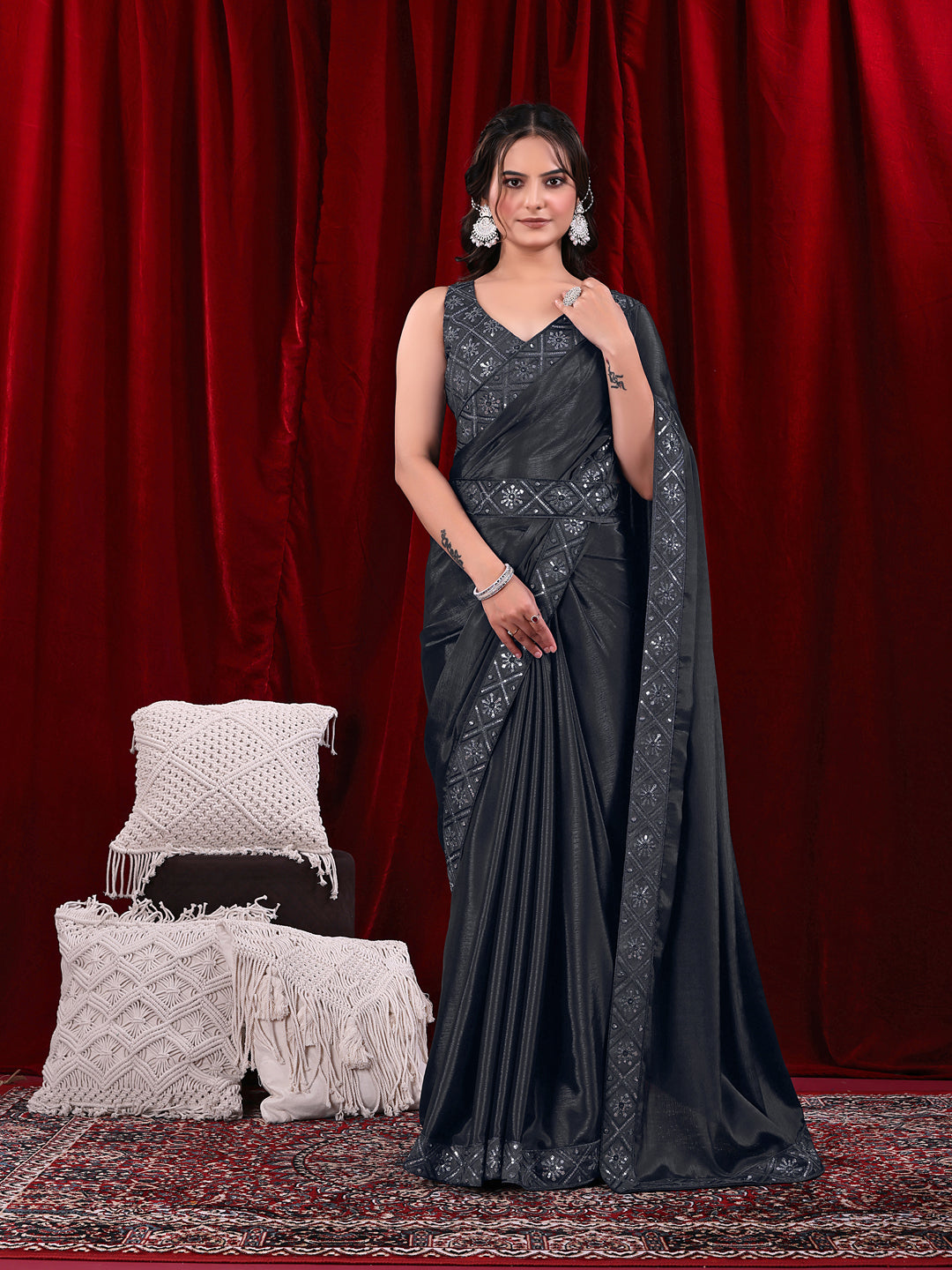 Chinon Solid Saree with Embroidered Lace Border
