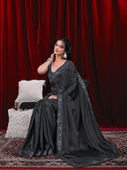 Chinon Solid Saree with Embroidered Lace Border