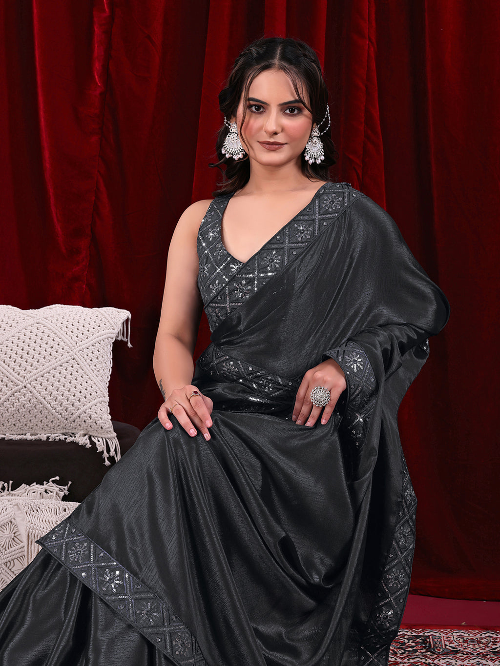 Chinon Solid Saree with Embroidered Lace Border